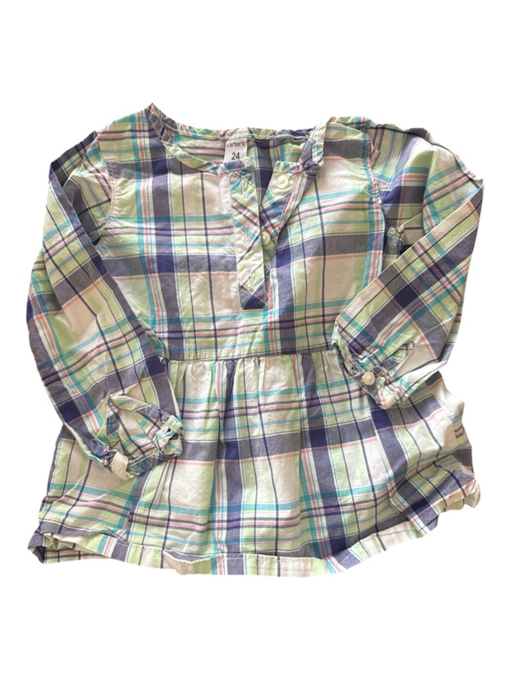 Carter's Green and Blue Plaid Long-Sleeve blouse 24m